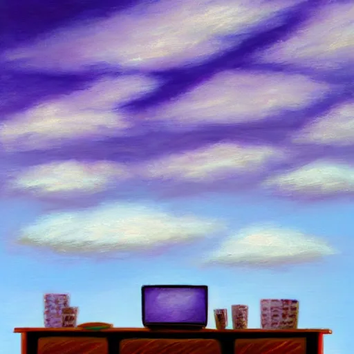 Image similar to realistic panting of a desk on a purple field blue clouds