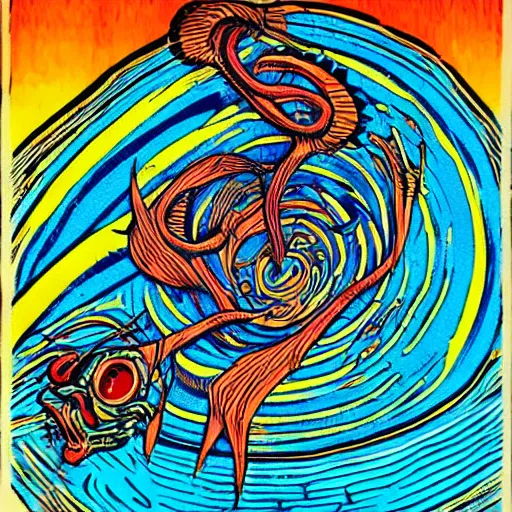 Image similar to by tony diterlizzi expressive, hyperdetailed woodcut. a body art of a swimming pool with a big splash in the center. the colors are very bright & the body art is very eye - catching.