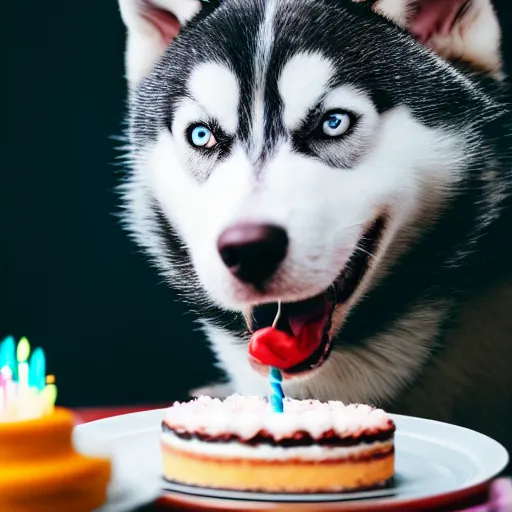 Image similar to a high - quality photo of a husky with a birthday cake, 4 5 mm, f 3. 5, sharpened, iso 2 0 0, food photography