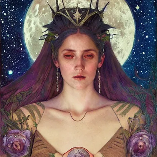 Image similar to queen of the moon with stars in her hair, by annie swynnerton and tino rodriguez and nicholas roerich and jean delville and donato giancola and tom bagshaw, dramatic lighting, floral tattoos, rich colors, smooth sharp focus, extremely detailed, adolf wolfli