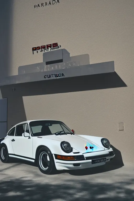 Prompt: Photo of a Porsche 911 Carrera 3.2 parked in front of a Prada Store in the desert, daylight, award winning, high resolution, cinestill 800t.