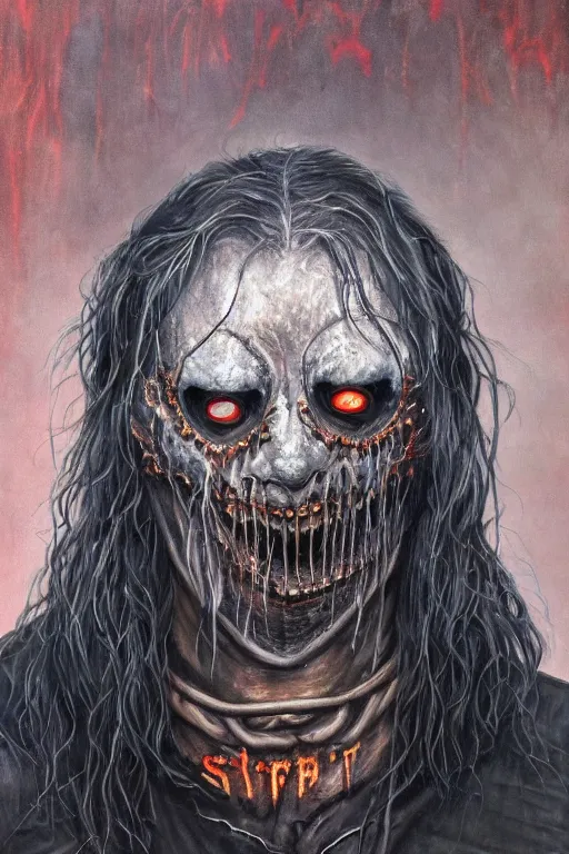 Image similar to a full body high detail fantasy portrait oil painting illustration of slipknot band in the torment nexus by justin sweet with face and body clearly visible, insane, visceral, realistic proportions, d & d, rpg, forgotten realms, artstation trending, high quality, sombre mood, artstation trending, muted colours, entire person visible!