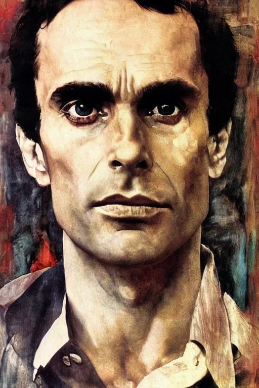 Image similar to a closer personal portrait of ted bundy with very piercing eyes, very charismatic. in the old ancient temple of luxor. masterpiece, dark. painted by norman rockwell and james gurney