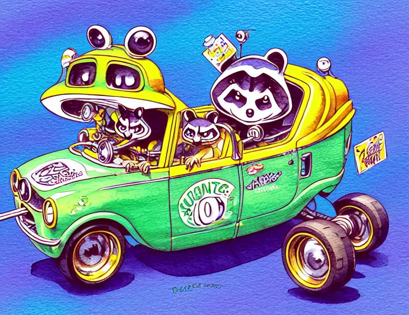 Image similar to cute and funny, racoon riding in a tiny hot rod with oversized engine, ratfink style by ed roth, centered award winning watercolor pen illustration, isometric illustration by chihiro iwasaki, edited by range murata, tiny details by artgerm and watercolor girl, symmetrically isometrically centered