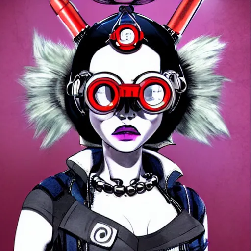 Image similar to a cybergoth woman wearing goggles and eccentric jewelry by jamie hewlett : : full body character concept art, detailed,