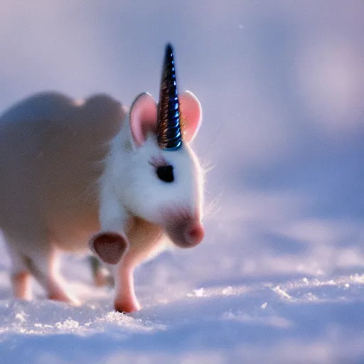 Prompt: unicorn mouse blue boots searching for food in the snow, macro shot, soft light of winter, award winning photo, national geographic,