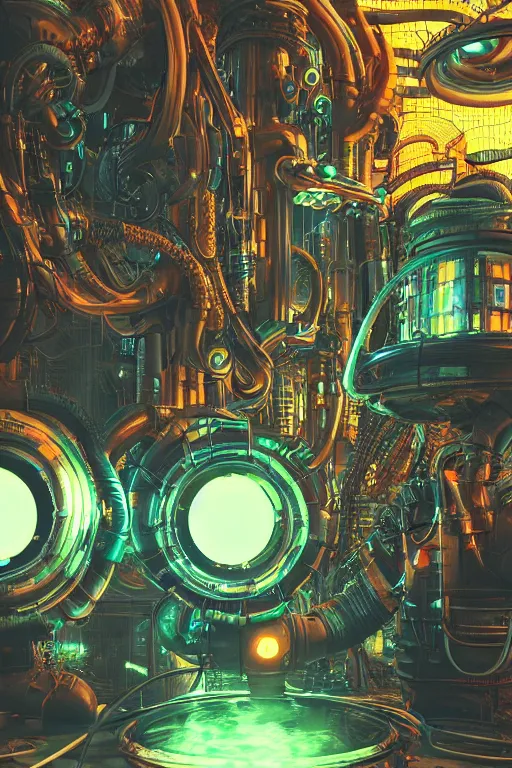 Image similar to cyberpunk octopus, glowing vacuum tubes, symmetric realistic digital art, 3 d render of two huge futuristic steampunk generators inside a huge steampunk engine, 8 k, fluorescent colors, halluzinogenic, multicolored, exaggerated detailed, unreal engine