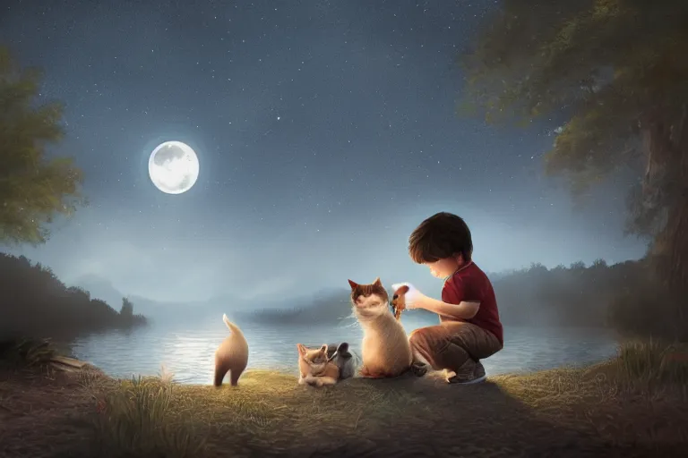 Prompt: portrait of a little boy and his cat, photorealistic face and skin tones, dreamy moonlit nightscape by the garden, lake house, smooth, matte painting, trending on artstation, 4 k, 8 k