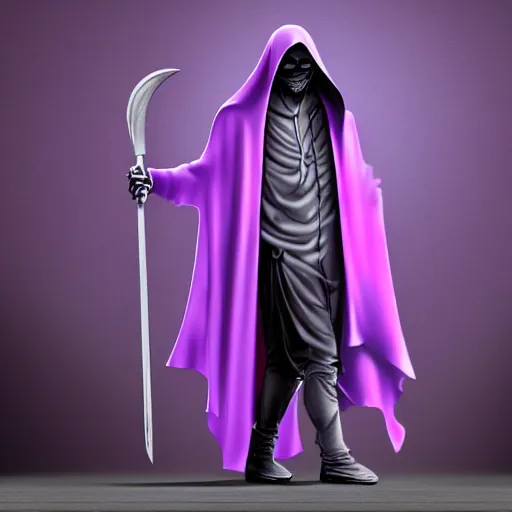 Image similar to grim reaper, purple cloak, full body