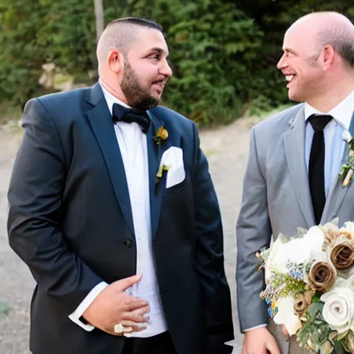 Image similar to a lovely gay wedding between a middle aged balding white man and a young brown skinny Latino man