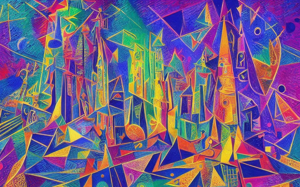 Prompt: the one and only majestic upright rectangular tower, highly detailed cosmic background, a dash of magic, vibrant color palette, trending on artstation, digital art, by pablo picasso