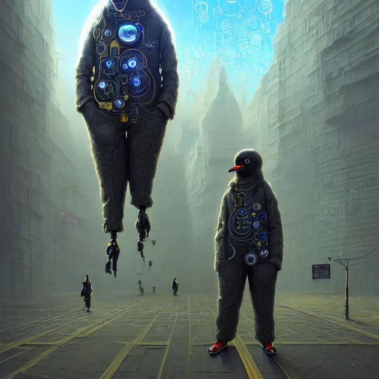 Image similar to A solarpunk very highly detailed Anthropomorphic cybertronic penguin wearing sport suit with very highly detailed face on the street of a very highly detailed solarpunk city digital surrealism art by Greg Rutkowski and Josan Gonzalez, highly detailed, digital concept art, Volumetric natural light, sharp focus, Golden Ratio illustration, realistic concept art by Stephen Hickman and James Gurney and Hiromasa Ogura Ghost in the Shell rendered in VRAY, From the distance