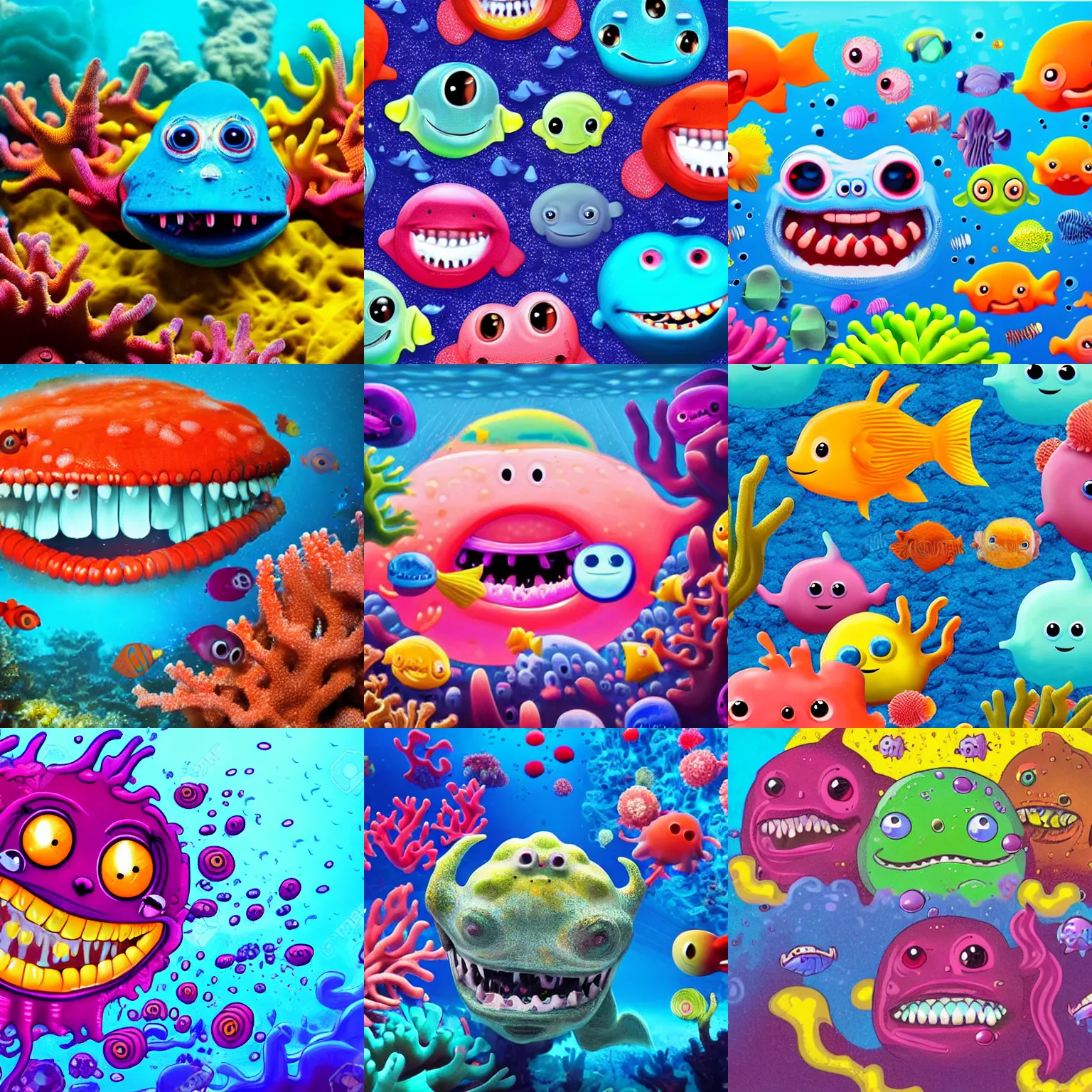 Prompt: colorful cloudy deep sea under water with strange cute friendly happy creatures with huge eyes, mouth, long tongue and round teeth appearing from sandy coral