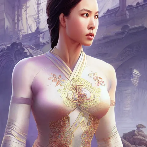 Image similar to muscular woman wearing ao dai, ultra realistic, concept art, intricate details, highly detailed, photorealistic, octane render, 8 k, unreal engine. art by artgerm and greg rutkowski and alphonse mucha