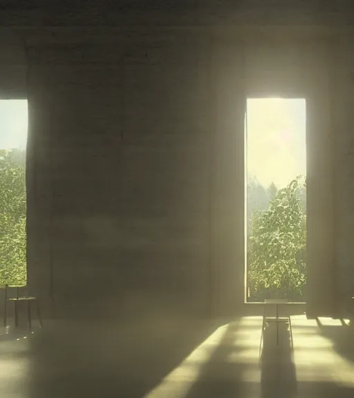 Image similar to the symmetric green cross lights in the artic, volumetric lighting, fog, majestic light, octane render, ethereal glare of the sun, hyperrealistic, epic, masterpiece, by peter zumthor, by makoto shinkai
