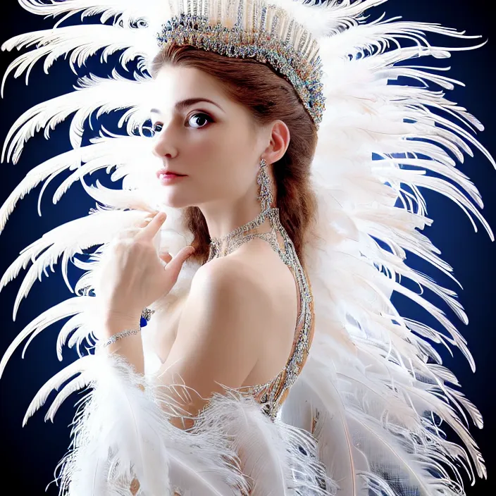 Image similar to photo portrait of a beautiful woman like a queen-feathers-angel, dressed in long elegant intricate ornamental roots white dress, natural skin tone, intricate mandelbrot fractal highly detailed feathers ornament in the upper side of breast, bust with a very long neck , hair are wired feathers, elegant, highly detailed intricate feathers ornament in her long hair, Realistic, Refined, Highly Detailed, natural outfoor lighting colors scheme, fine art photography by Lindsay Adler, volumetric lighting, hyper realistic photography, 8k