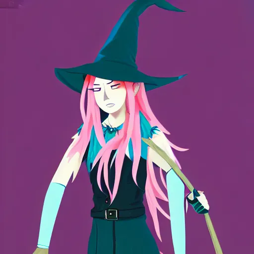 Prompt: A young adult witch with a cottage-core aesthetic with rose-colored hair and teal clothing, Nobutaka Ike, character design, fantasy, 8k resolution