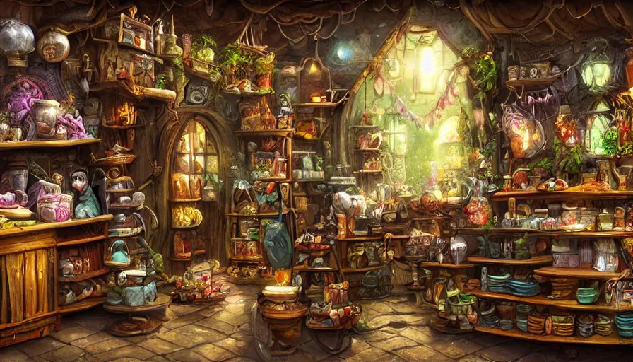 Prompt: magical shop on a hill, sharp focus, cinematic, extremely detailed digital painting
