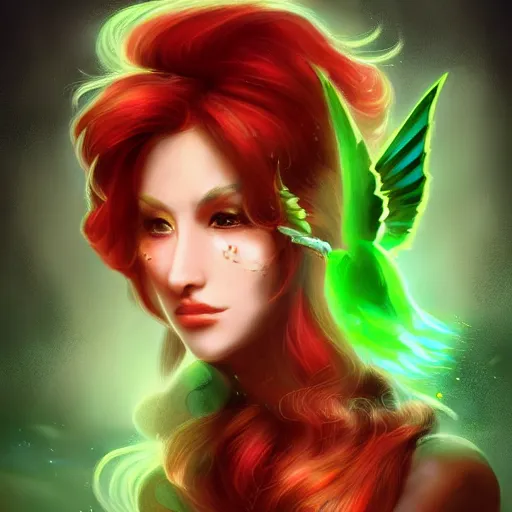 Image similar to a beautiful stunning fantasy whimsical matte digital portrait illustration of a pretty womam with bright green eyes and fiery red hair with a green bird on her shoulder, in the style of Ross Tran, trending on artstation, contest winner