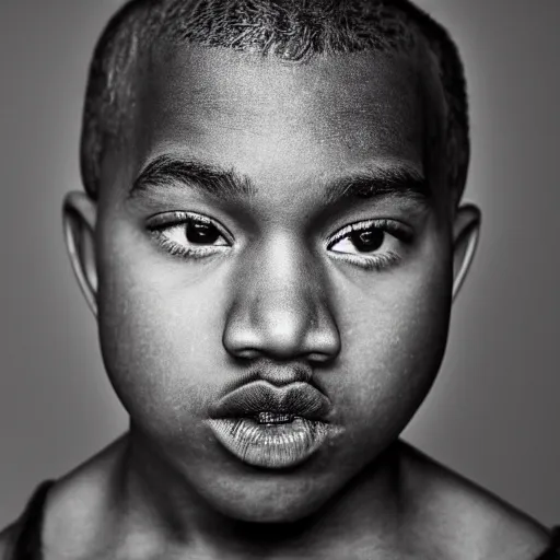 Image similar to the face of young kanye west wearing yeezy clothing at 1 3. 5 years old, black and white portrait by julia cameron, chiaroscuro lighting, shallow depth of field, 8 0 mm, f 1. 8