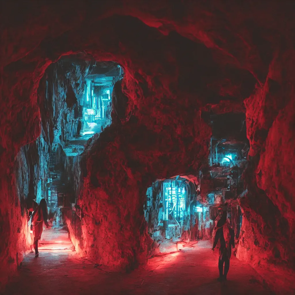 Prompt: a person in a dark tunnel with a light on, cyberpunk art by elsa bleda, trending on cg society, light and space, dystopian art, futuristic, circuitry