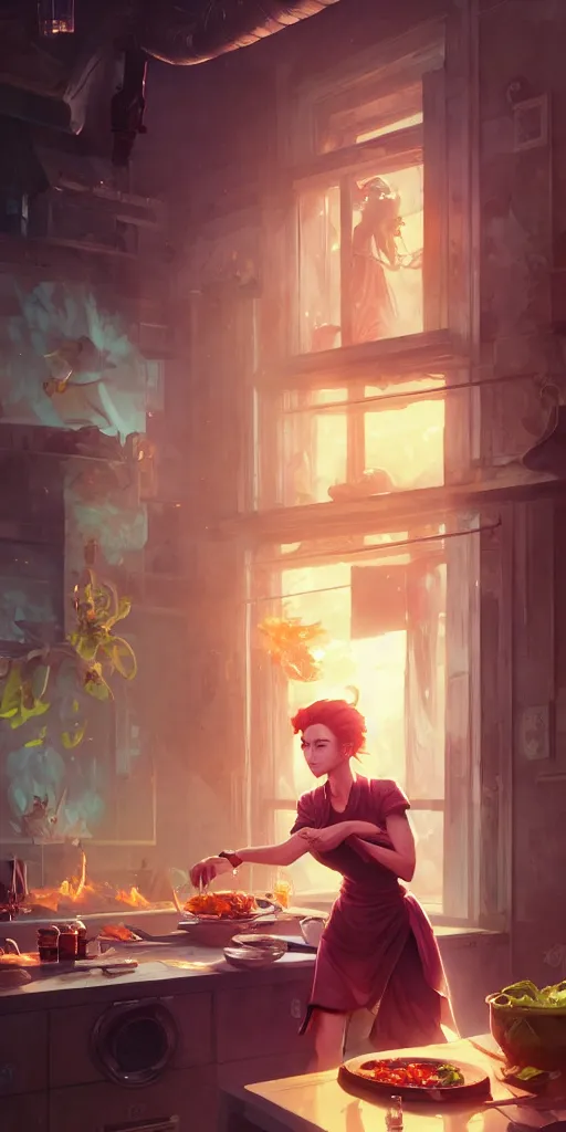 Image similar to girl cooking dinner, food wars, stephen bliss, unreal engine, fantasy art by greg rutkowski, loish, rhads and lois van baarle, ilya kuvshinov, rossdraws, tom bagshaw, alphonse mucha, global illumination, detailed and intricate environment