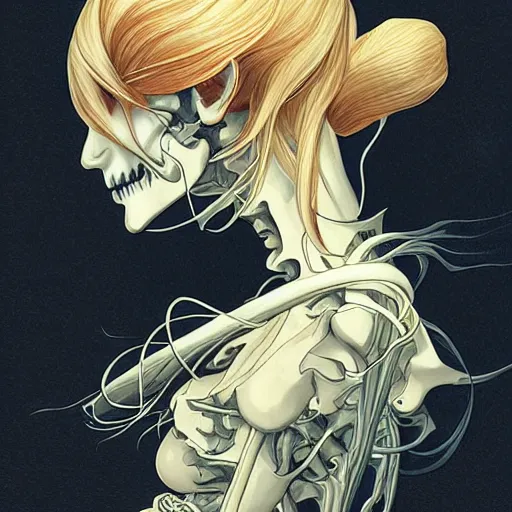 Image similar to anime manga skull profile young woman, skeleton, elf, galadriel, ethereal, unreal engine, intricate, elegant, highly detailed, digital art, art by JC Leyendecker and sachin teng