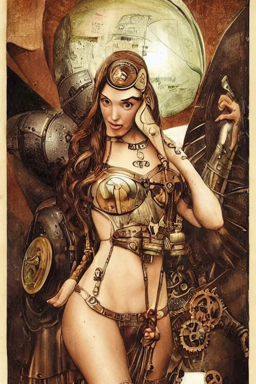 Image similar to highly detailed steampunk gal gadot, hieronymus bosch, leonardo da vinci