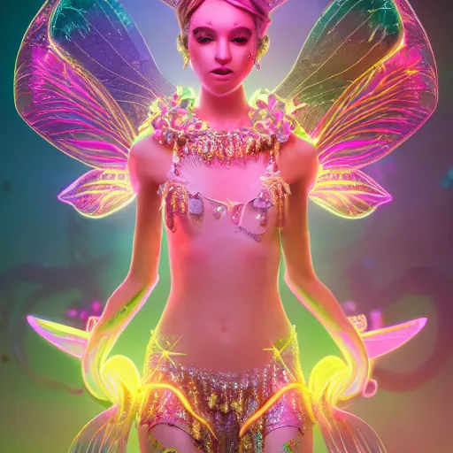 Image similar to portrait of neon fairy princess, glowing, ornate and intricate jewelry, jaw dropping beauty, glowing background lighting, white accent lighting, hyper detailed, fairy tale, 4 k octane render