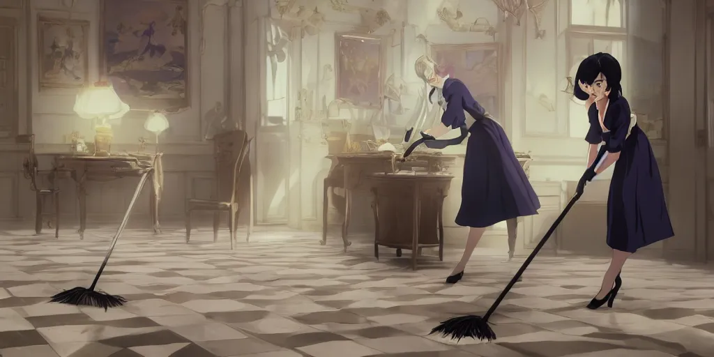 Image similar to animation key shot of a pretty woman with black hair dressed as a maid sweeping the floor in an elegant palace bedroom, studio ghibli, pixar and disney animation, sharp, rendered in unreal engine 5, anime key art by greg rutkowski, bloom, dramatic lighting