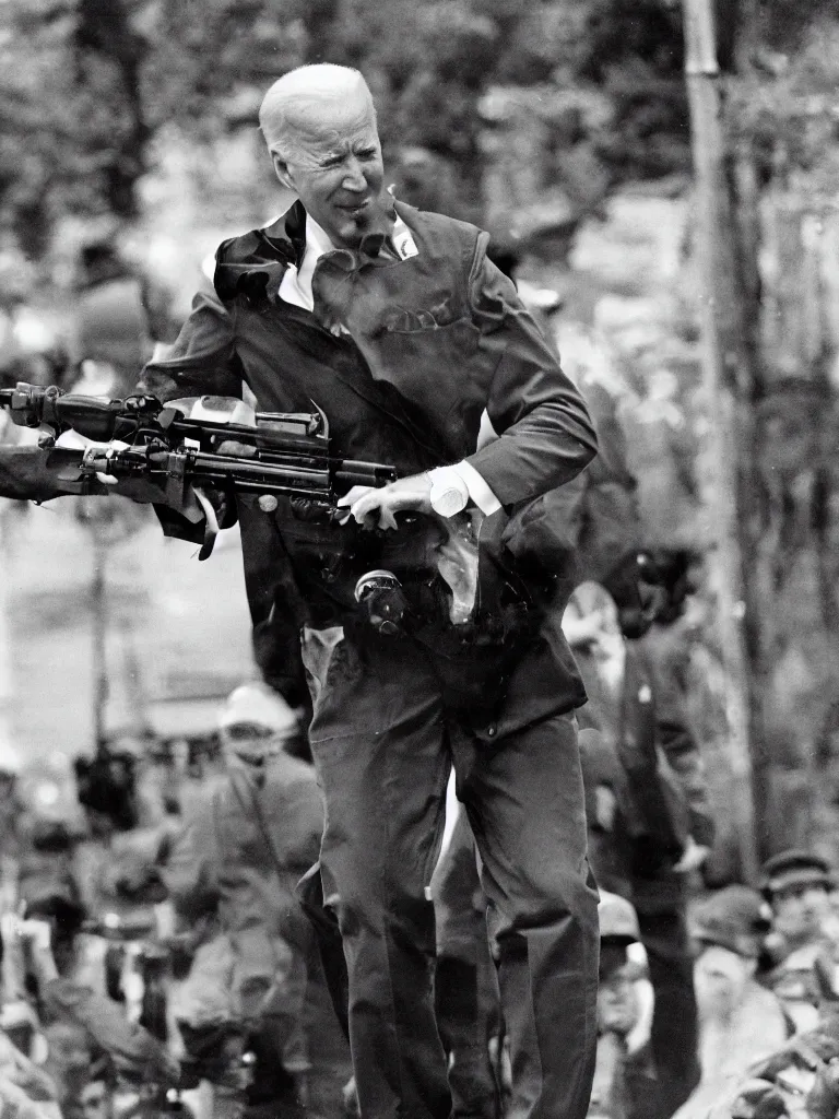 Image similar to Joe Biden carrying a M2 Browning machine gun, AP photography, full body shot, dynamic pose