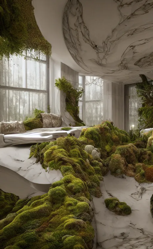 Image similar to highly detailed villa natural beautiful light interior soft cinematic composition of a smooth ceramic porcelain biomorphic magnolia stone nebula fluid sci - fi surreal architecture landscape, furniture, granite, trees, marble, moss, lichen, fungi, vincent callebaut composition, mamou - mani, archviz, 8 k, unreal engine, hdr