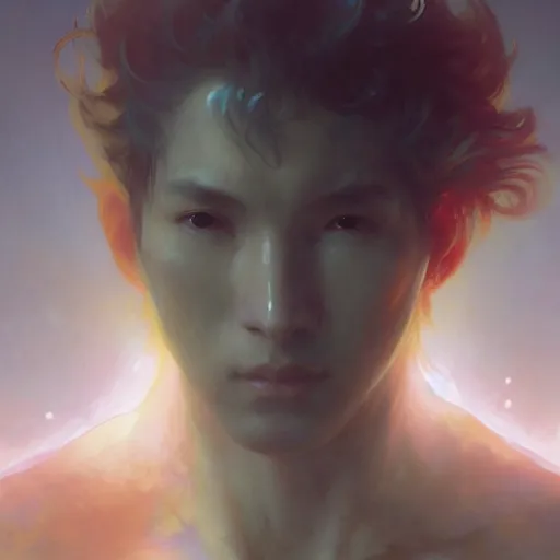 Image similar to A man drinking a cup of cosmic energy bright light, illustration by Ruan Jia and Mandy Jurgens and William-Adolphe Bouguereau, Artgerm, 4k, digital art, surreal, anime style, space dandy style, highly detailed, godsend, artstation, digital painting, concept art, smooth, sharp focus, illustration by Ruan Jia and Mandy Jurgens and William-Adolphe Bouguereau, Artgerm