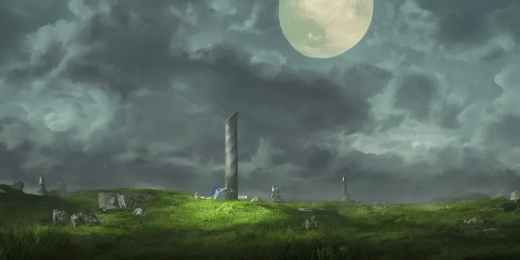 Image similar to The great marble wizards tower, painted landscape,green fields in the background, moody lighting, moon in the night sky, artstation, digital art