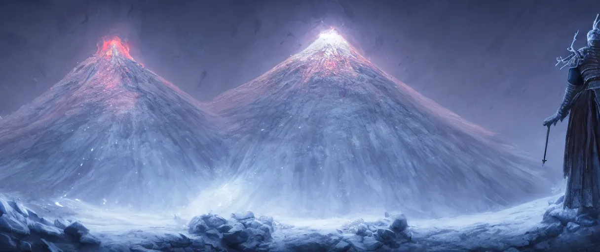 Image similar to digital painting of a frozen ice covered volcano, style of dark souls III, concept art, high angle, high detail, cold lighting, dark, vivid, beautiful, trending on artstation, by Jordan grimmer, no focus, huge scene, terrain visible