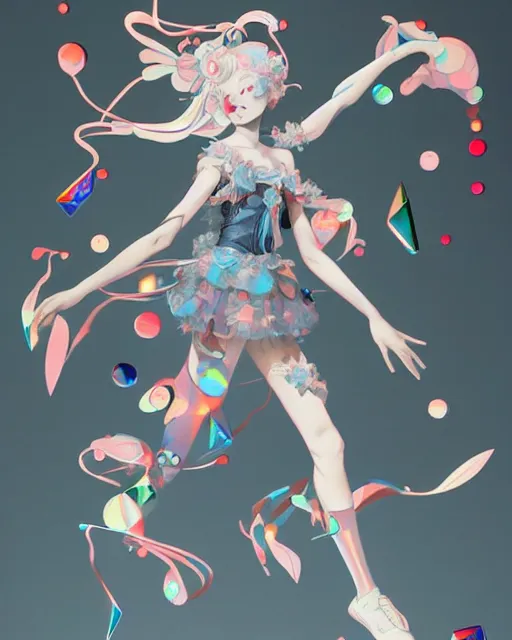 Image similar to james jean isolated vinyl figure harajuku magical girl character design, figure photography, dynamic pose, holographic undertones, motion shapes color design, glitter accents on figure, anime stylized, sharp focus, accurate fictional proportions, high delicate defined details, ethereal lighting