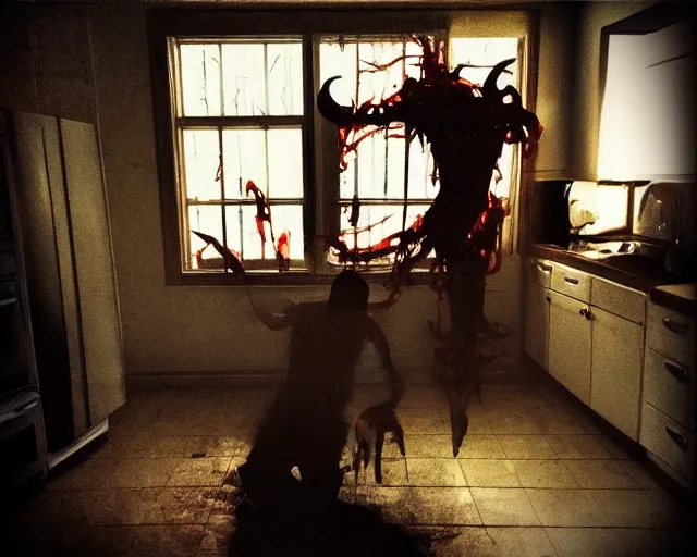 Image similar to horror demon evil transparent spirit attacks in kitchen interior photos shot on iphone, dynamic pose, middle body shot, sharp focus, grainy, corpse, paranormal flashlight, night, total darkness, poltergeist