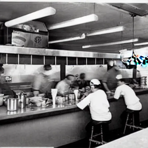 Image similar to busy wafflehouse interior with customers eating breakfast and wafflehouse employees serving food and cooking behind countertop bar