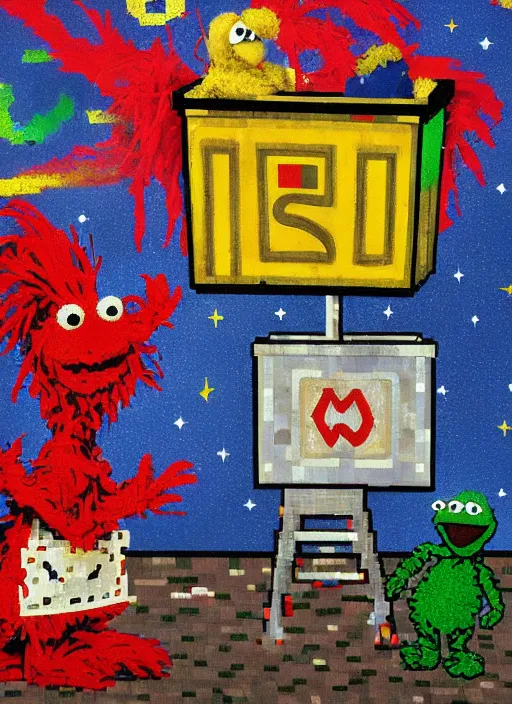 Image similar to realistic detailed pixel art decollage, trash can toter as tarot card fool with sesame street elmo and kermit muppet knight on a horse in a dark red cloudy night sky background and golden foil jewish stars painted by piet mondrian, francis bacon, hilma af klint and leonora carrington, highly detailed, oil glaze, sfumato, 8k cinematic, very coherent symmetrical artwork, cinematic, hyper realism, high detail, 8k, masterpiece