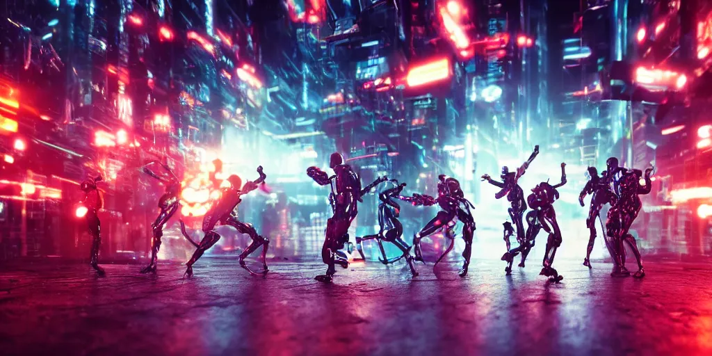 Image similar to Cyberpunk android chrome Robots running in a dramatic movie scene with dynamic dancer movements and motion blur and bokeh, shot on imax, cinematic scene, cinematographic composition, CineStill 800T Film