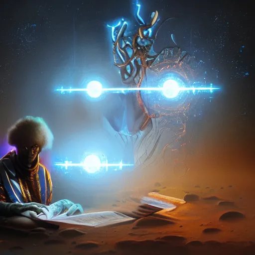 Image similar to afrofuturistic techno - mage uploading ancestral knowledge to the uni - mind interface, dark fantasy, occult, hyperrealistic, high - quality, surrealist painting, artstation