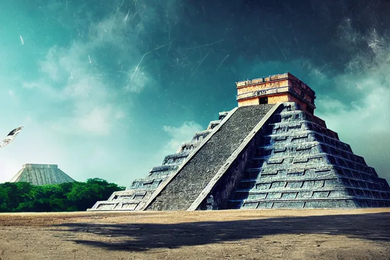 Image similar to holiday photo of chichen itza in a cyberpunk future by filip hodas
