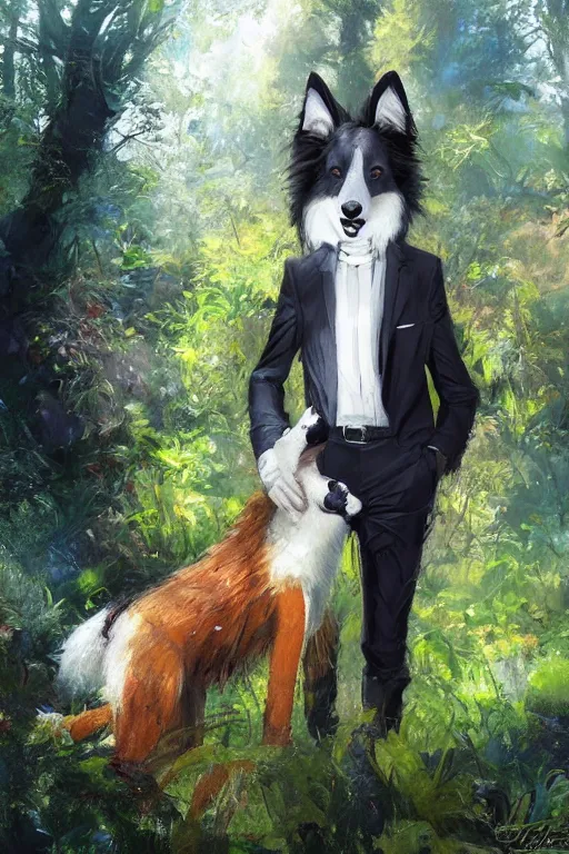 Image similar to portrait of a cute anthro male anthropomorphic border collie fursona wearing a suit in a sunny glade. by henry asencio, jon foster, and ross tran. scenic background, highly detailed, concept art, furry, glamor pose, elegant, aesthetic, beautiful, trending on artstation, top rated on furaffinity and deviantart