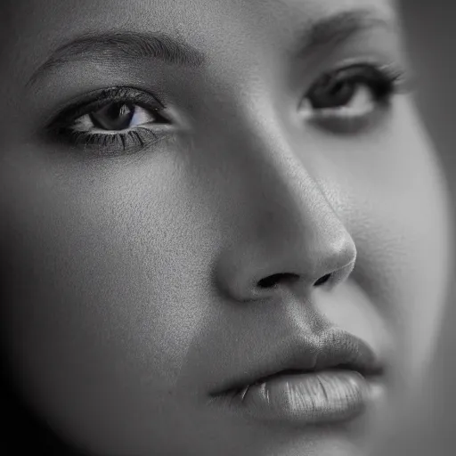 Image similar to bw closeup photo of a beautiful woman face, golden hour, 8 0 mm lens,