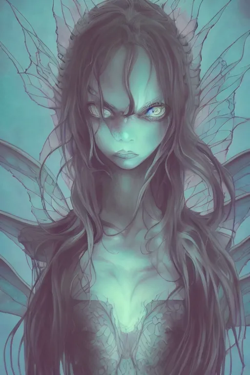 Image similar to concept art painting of a demonic evil fairy, moody vibe, moody lighting, artgerm, moebius, inio asano, toon shading, cel shading, calm, tranquil, vaporwave colors,