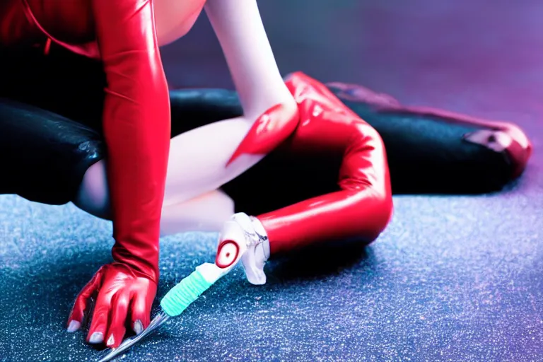 Image similar to close up of scarlet johannson as a female android on her hands and knees polishing the floor with a toothbrush, high resolution film still, clean composition, highly symmetric body, 4 k, hdr color