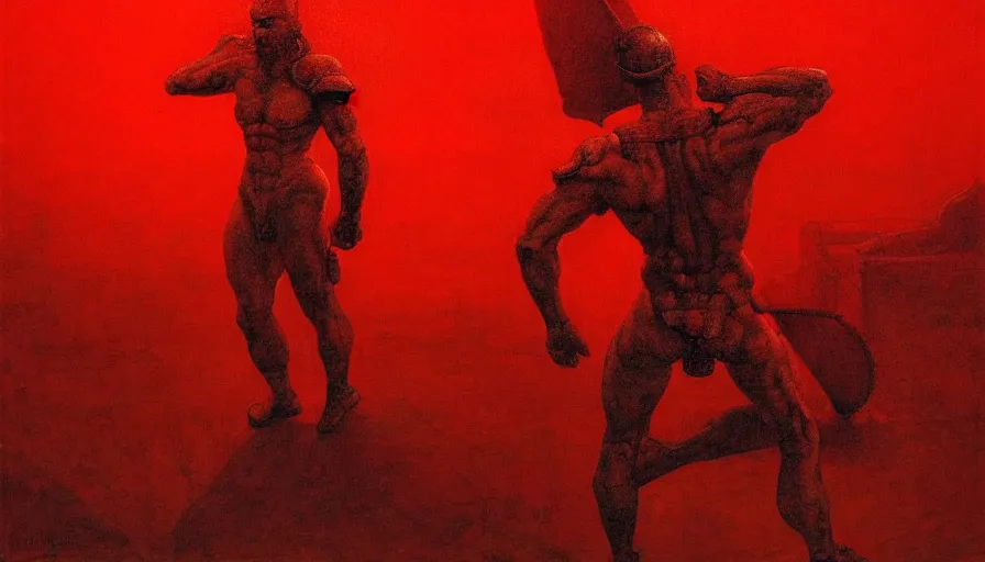 Image similar to only with red, a lightly armored gladiator in a crowded roman amphitheatre, crowd cheering, in the style of beksinski and edward hopper and rodcenko and yue minjun and artgerm, intricate and epic composition, red by caravaggio, highly detailed, masterpiece, red light, artstation, art nouveau