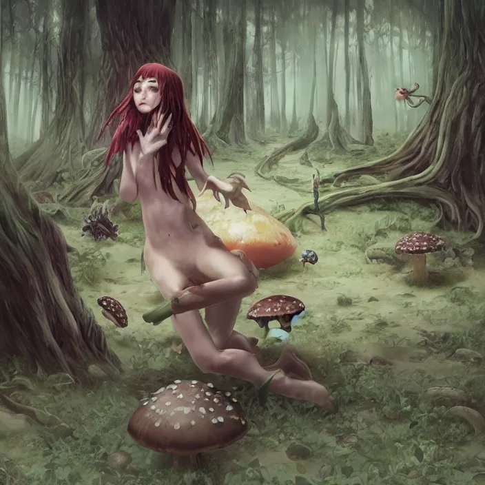 Image similar to Carnivore godlike fairy eating a frog alive , giant mushrooms , psychedel tint , Junji Ito and Greg rutkowski