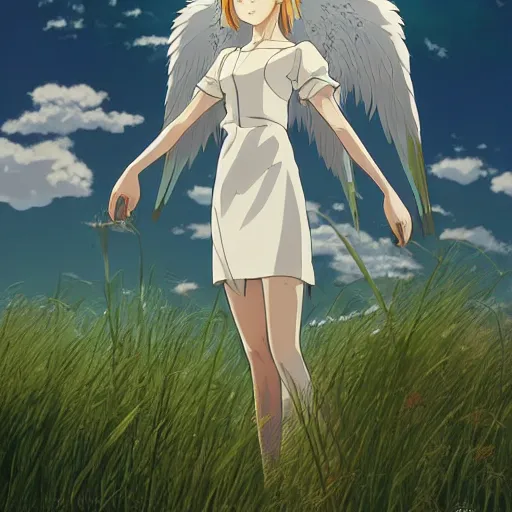 Prompt: angel with a katakana, serious, finely detailed, made by wlop, studio ghibli, artgerm, full body portrait, illustration, grass, sunny, sky, anime, side view, perfect anime face, detailed face, zoomed out, smooth,