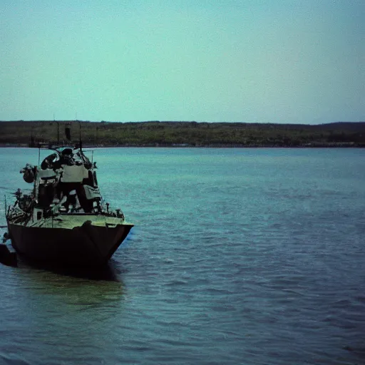 Image similar to film still, far view, landscape, emma watson soldier, vietnam patrol boat, kodak ektachrome, blue tint expired film,